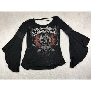 Harley Davidson Shirt Women's Sz M Black Jeweled Skull Flared Long Sleeve Boho